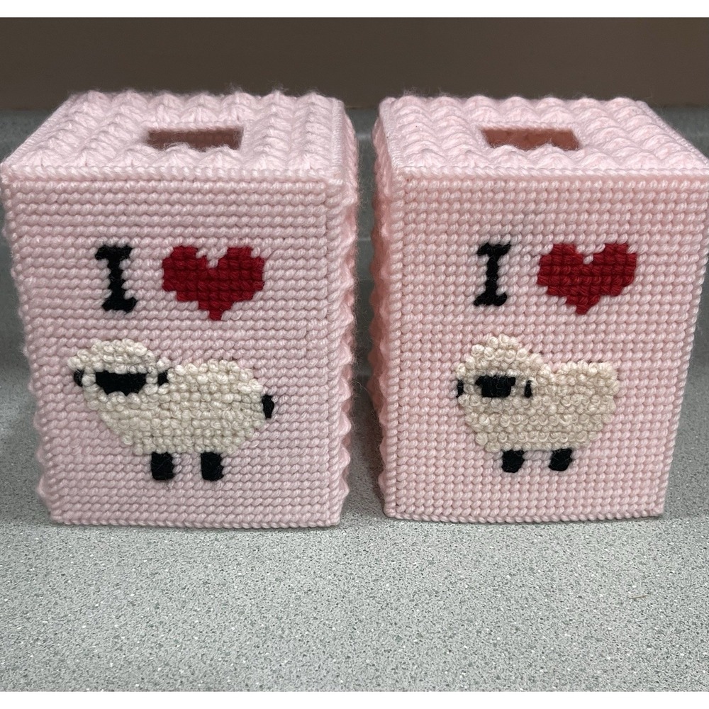 Vintage Crocheted Stitched Kleenex Tissue Box Cover Set Sheep Heart Cottage Core